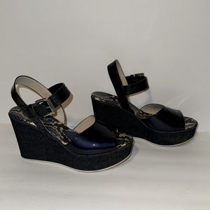 AGL Blue Patent Leather/Denim Platforms w Ankle Strap!
